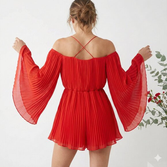 Rare London Red Pleated Off-Shoulder Romper with Bell Sleeves - Picture 2 of 7